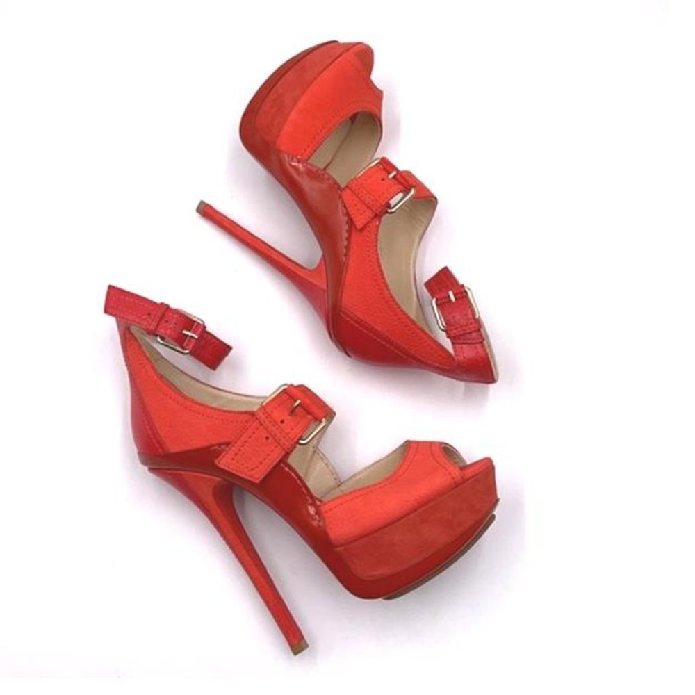 Jimmy Choo "Shades of Orange" Open Toe Suede Heels